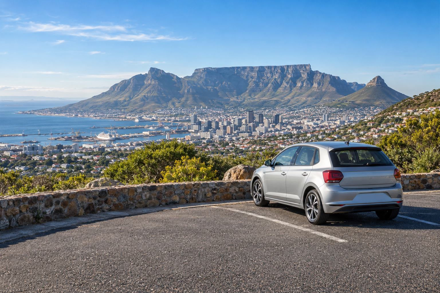 Silver hatchback at a viewpoint overlooking Cape Town and Table Mountain