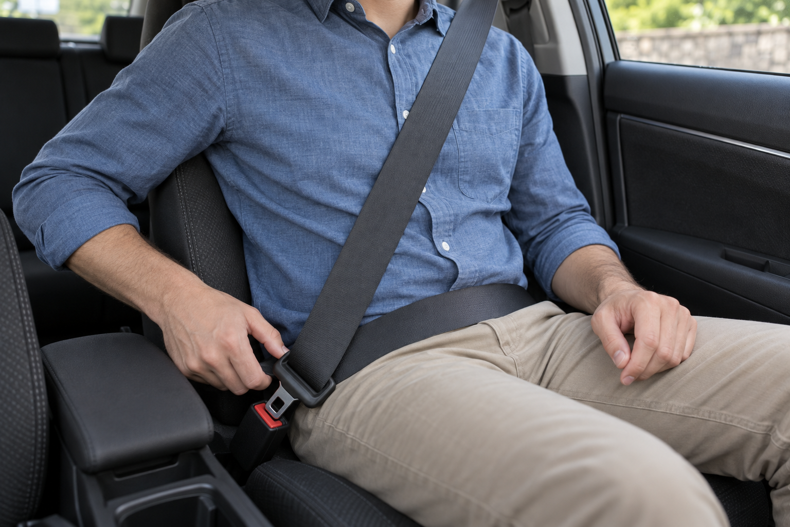 An adult fastening a three-point seatbelt inside a car