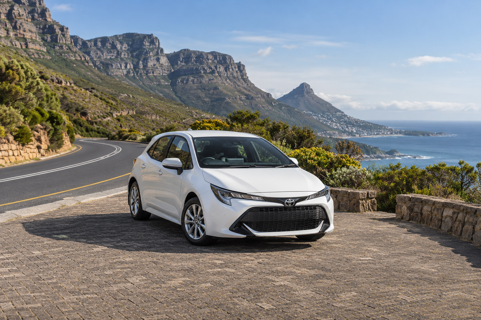 White hatchback parked at a paved coastal viewpoint above the sea