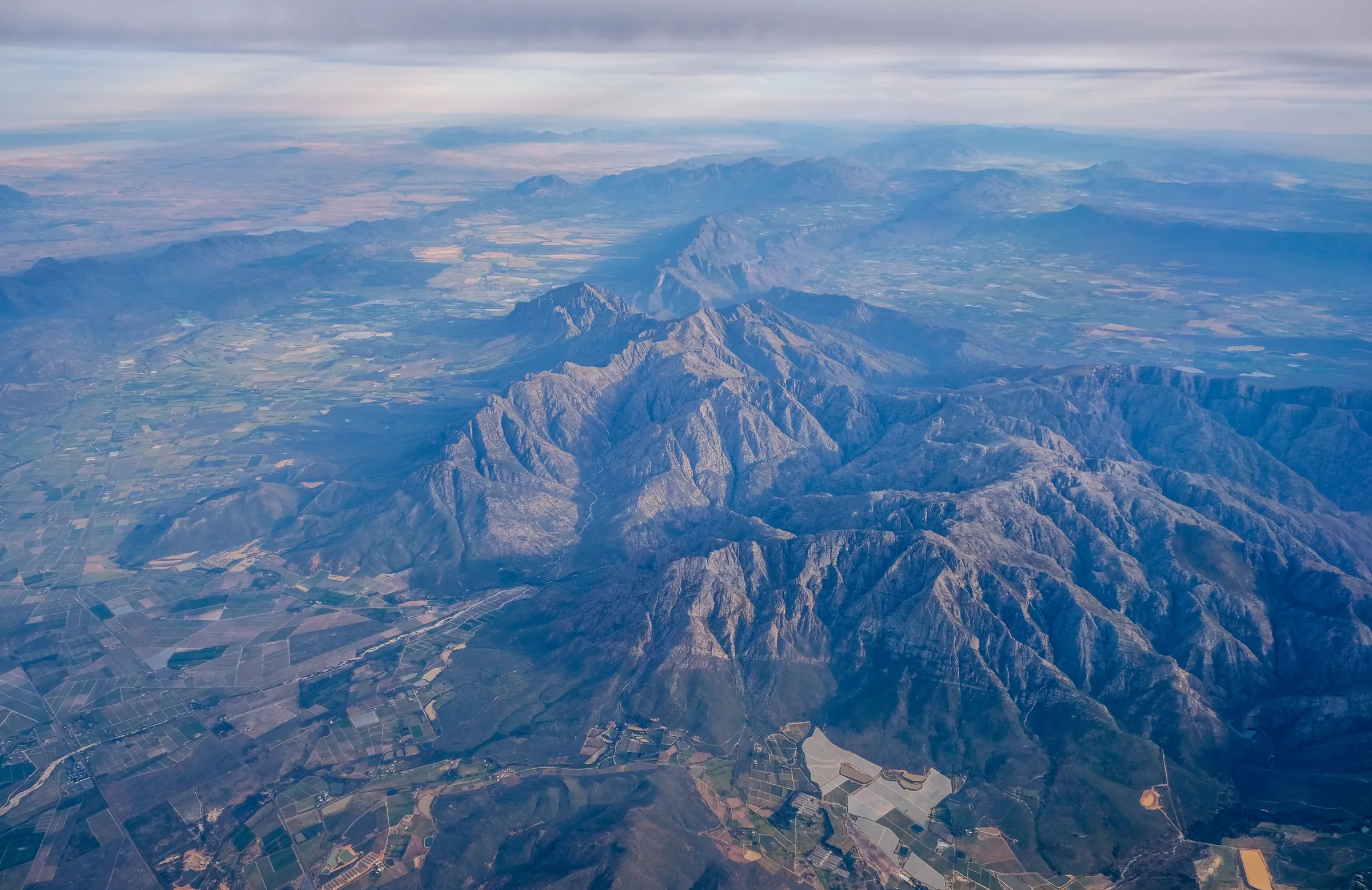 Mountain ranges and valleys seen from the air