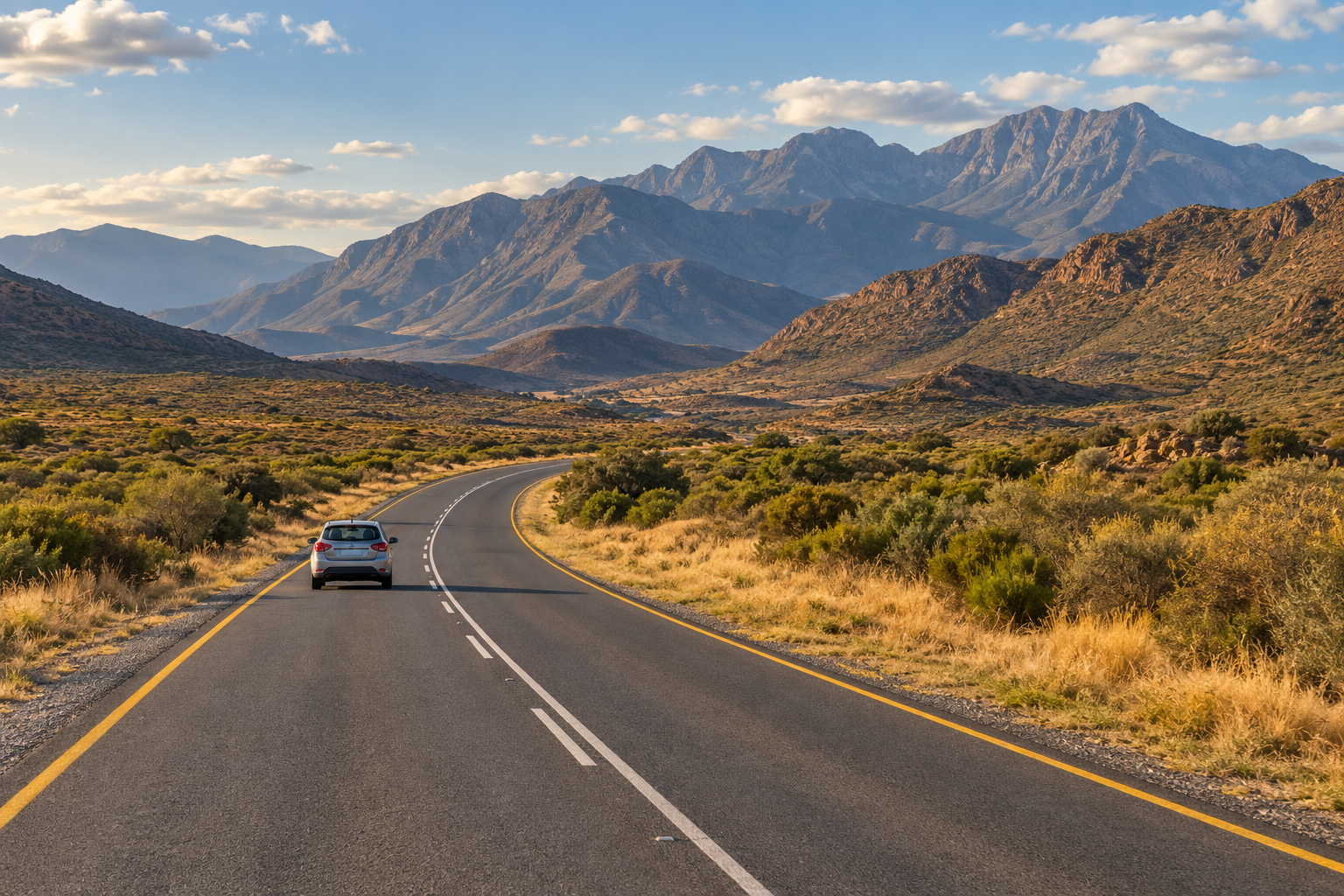 Silver hatchback on a paved road through a dry mountain landscape