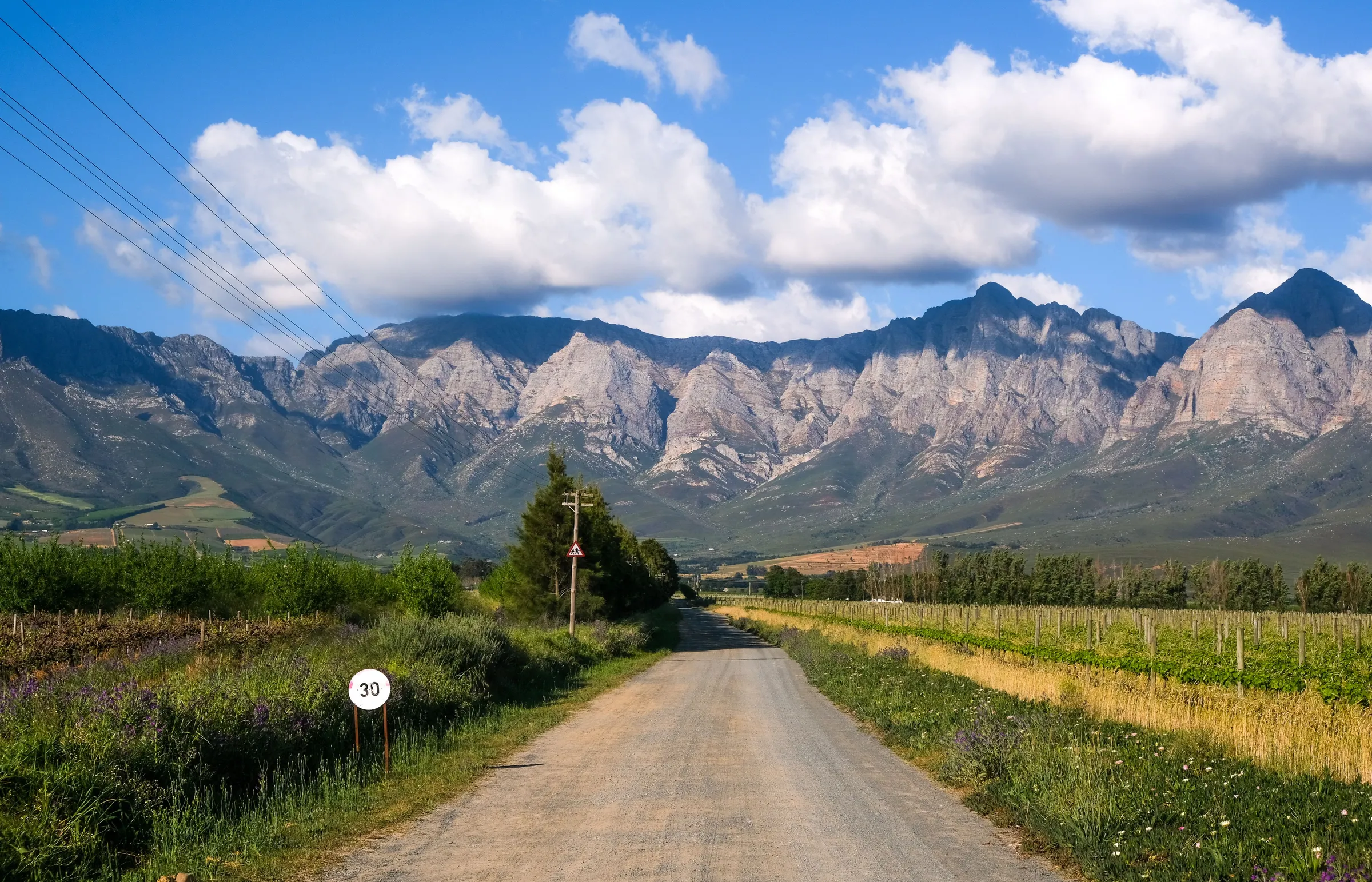 A narrow road through farmland towards rugged mountains