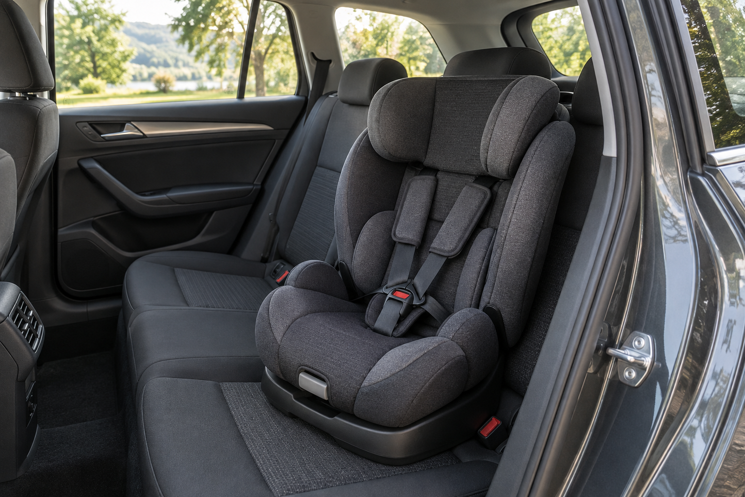 An empty padded child seat on the rear bench of a modern car